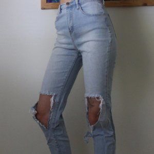 Distressed Light Wash Long Jeans